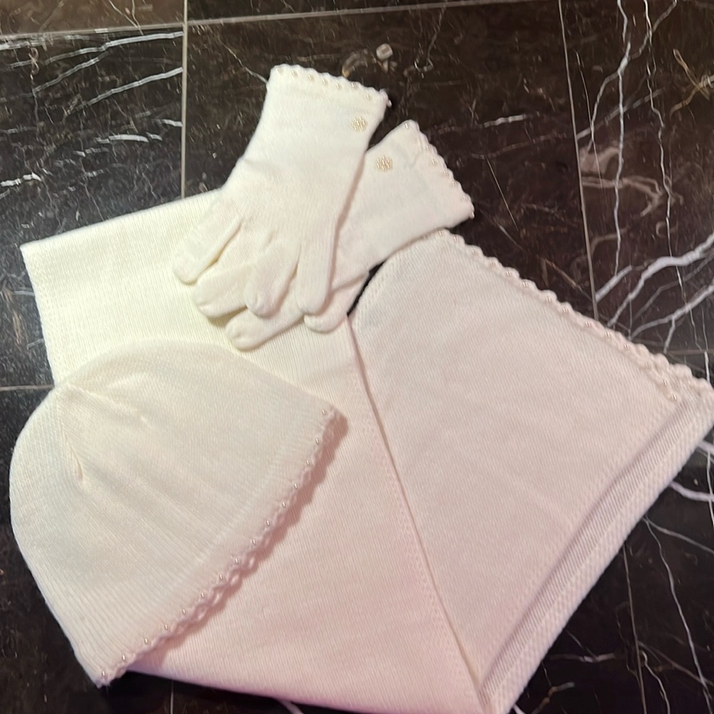Matching winter set with gloves scarf and hat with faux leather w/ faux pearls